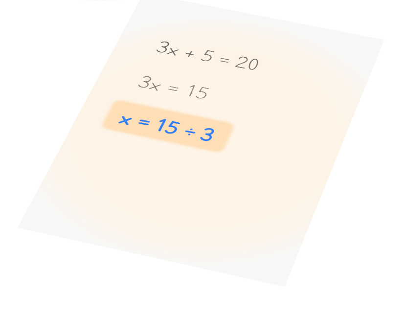 A math worksheet under Tangi's light: 3x + 5 = 20, then 3x = 15, and x = 15 ÷ 3 lit in blue
