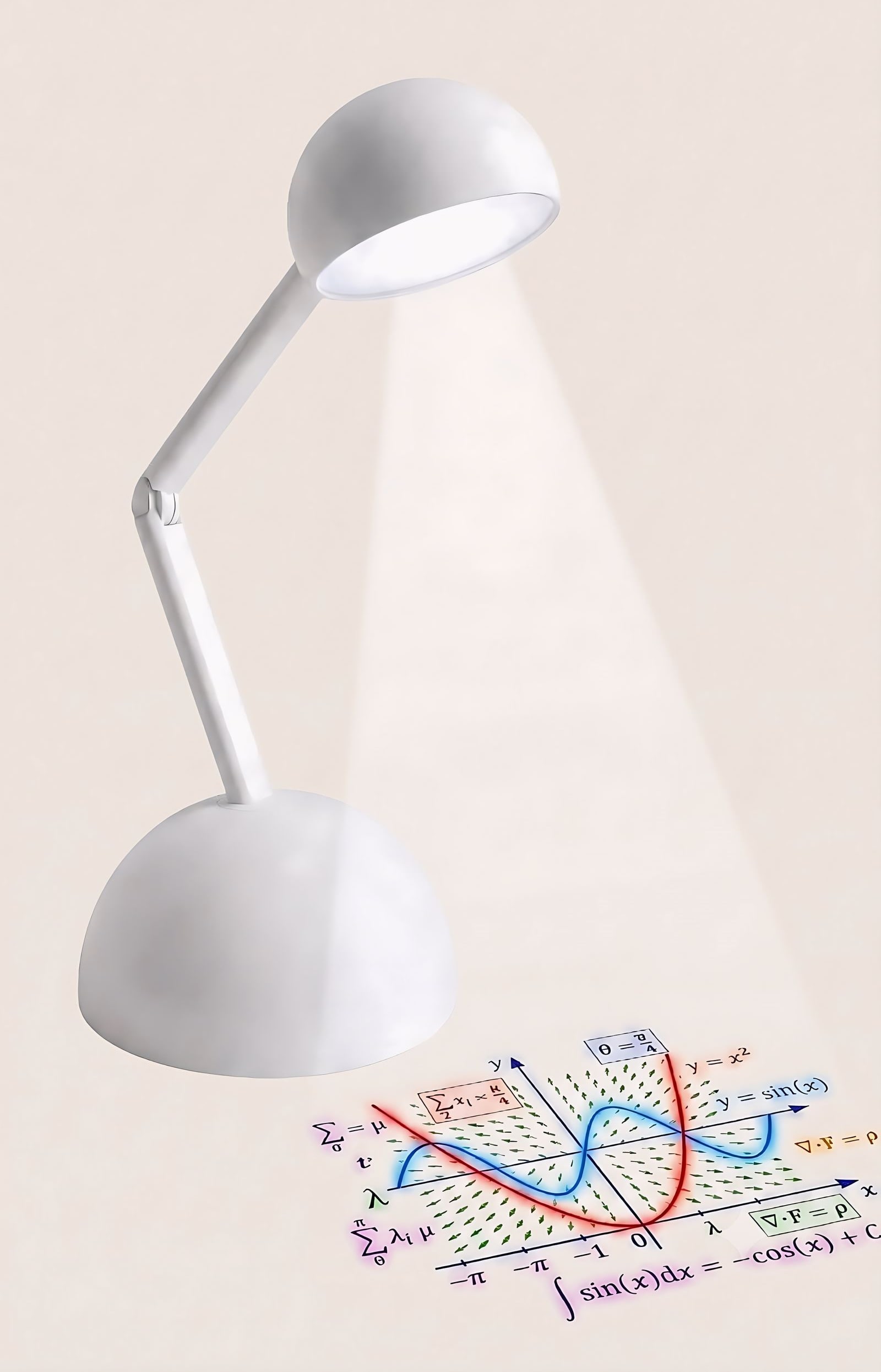 Tangi, a white desk-lamp-shaped robot, projecting a math lesson onto the desk