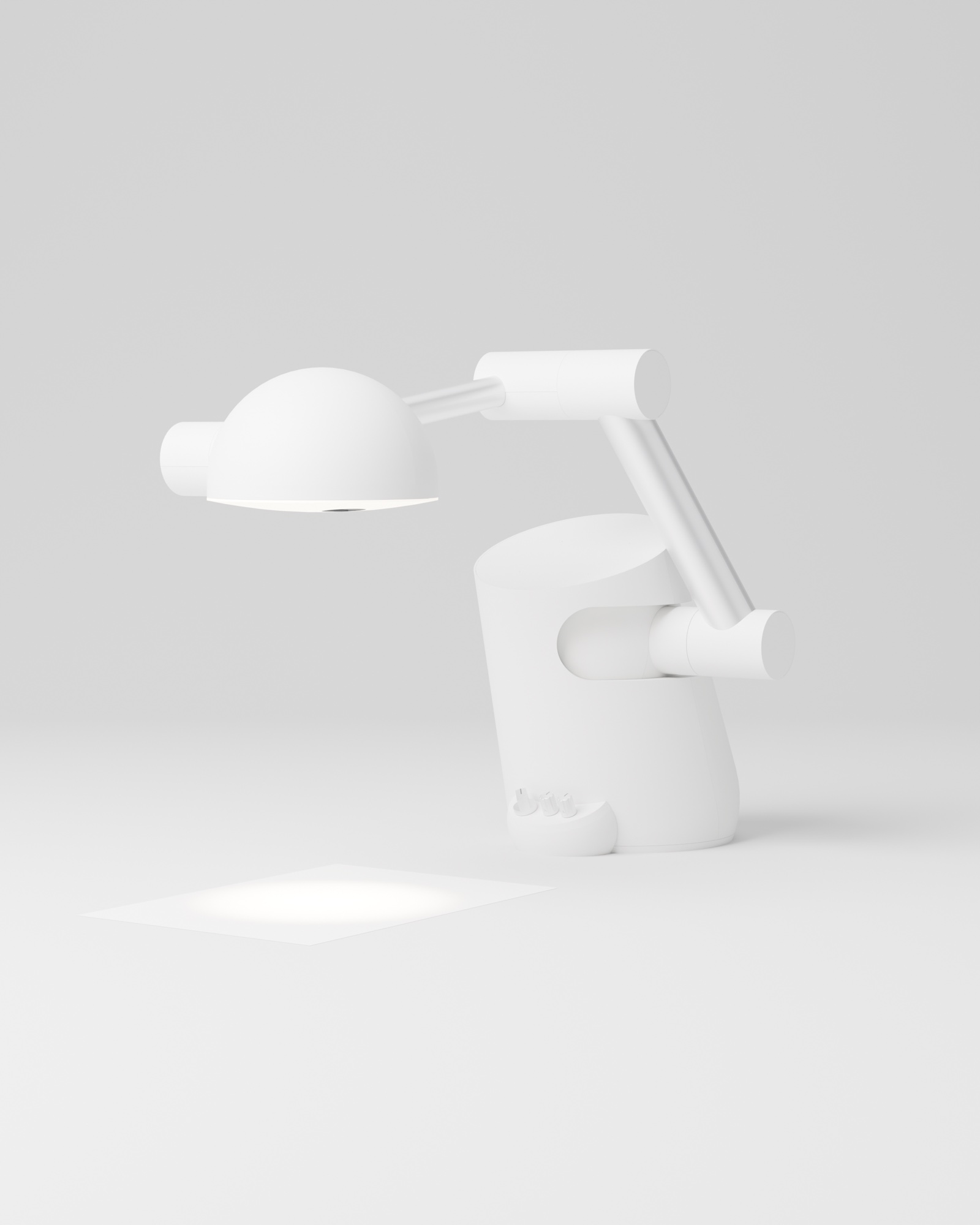 Tangi, a white desk-lamp robot, its head lighting a sheet of paper on the desk