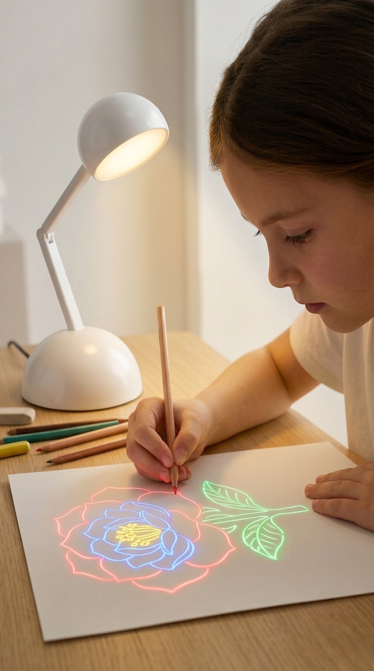 A girl drawing a flower over the lines Tangi projects onto her paper