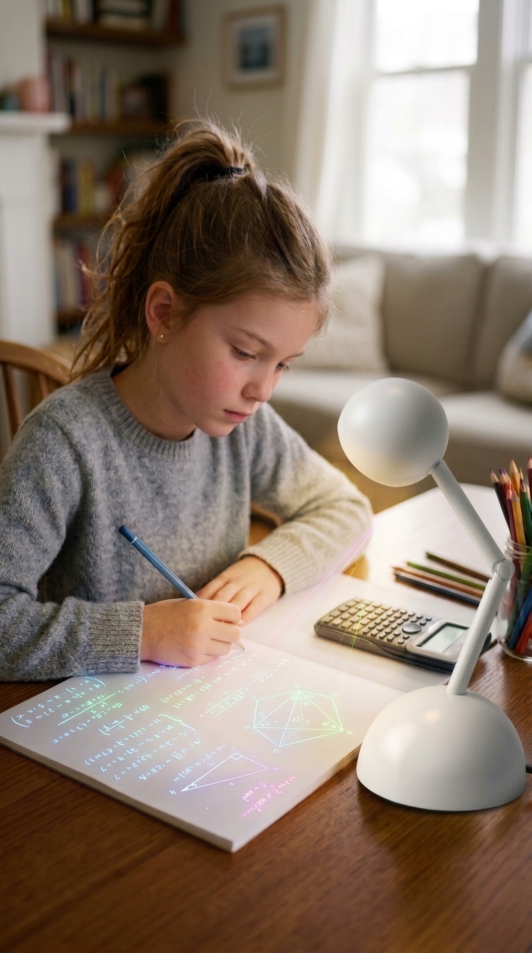A girl doing math homework at her desk while Tangi projects guidance onto her page