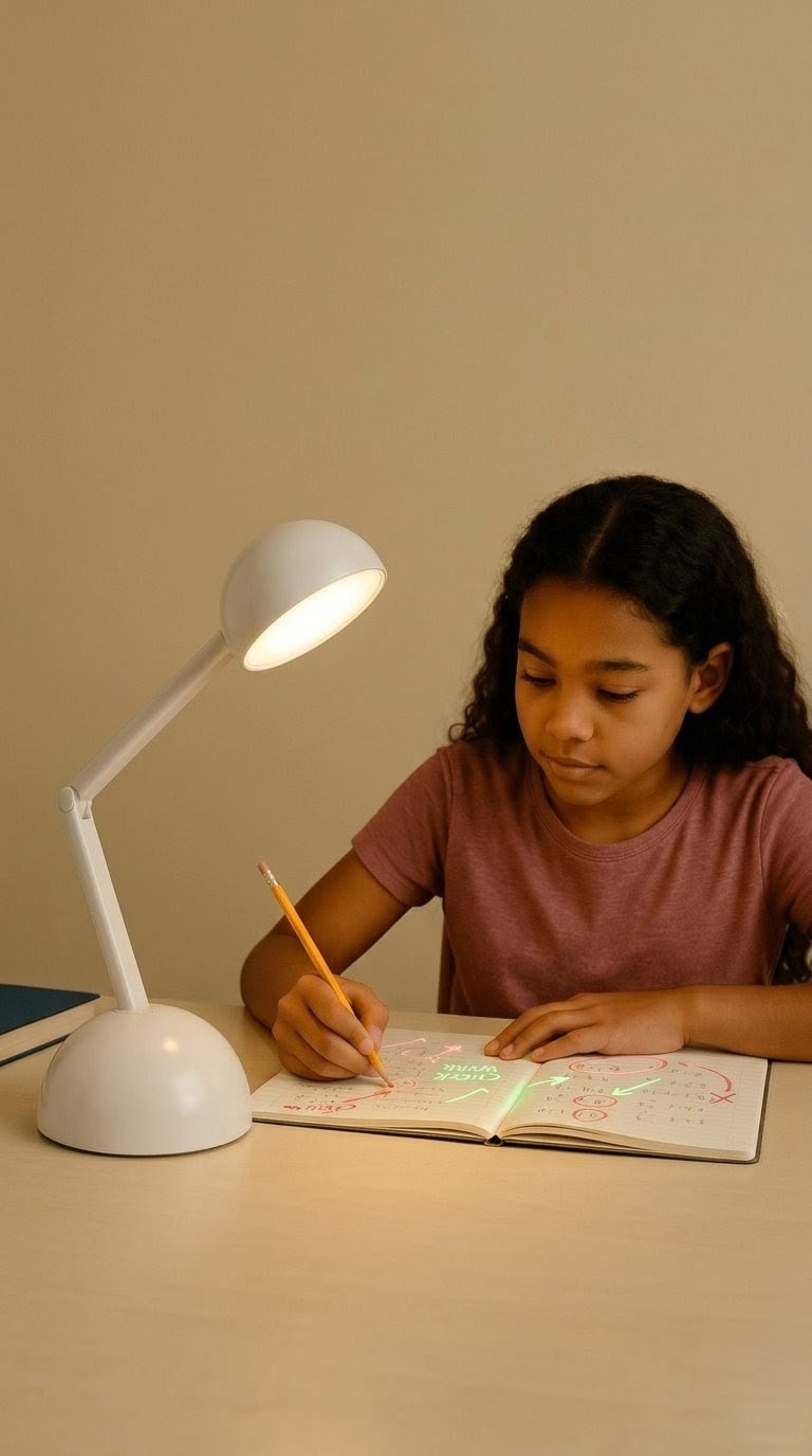 A girl writing at her desk while Tangi leans over her page